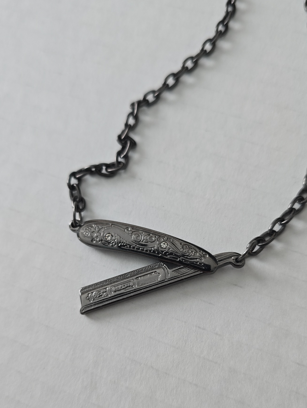 Sourpuss Ornate Straight Razor Necklace Goth Rockabilly Gunmetal Bling